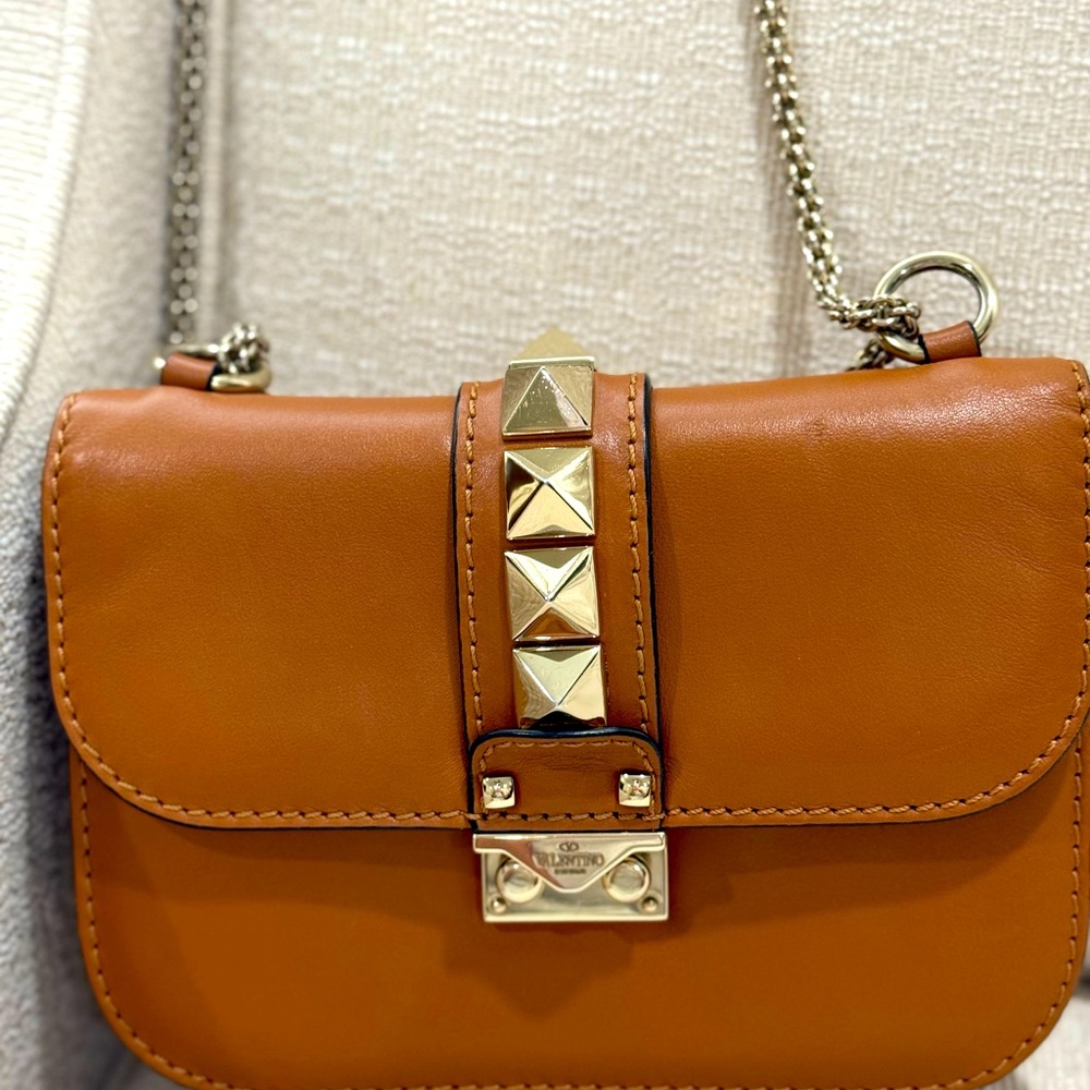 Authentic Valentino Small Red Purse Rock-Stud Glam Lock Leather Chain Crossbody
